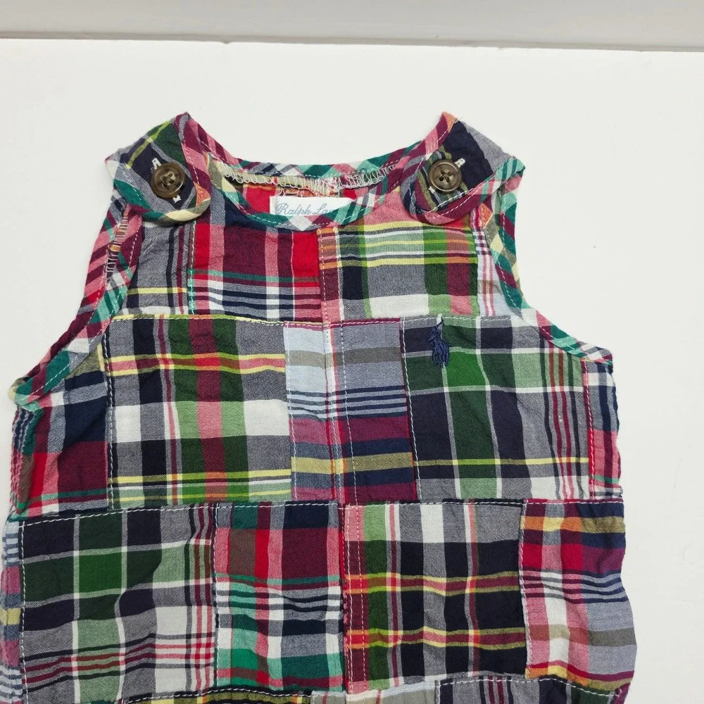 Ralph Lauren Baby Boy Patchwork Madras Plaid Romper Multi Color 6M Cotton